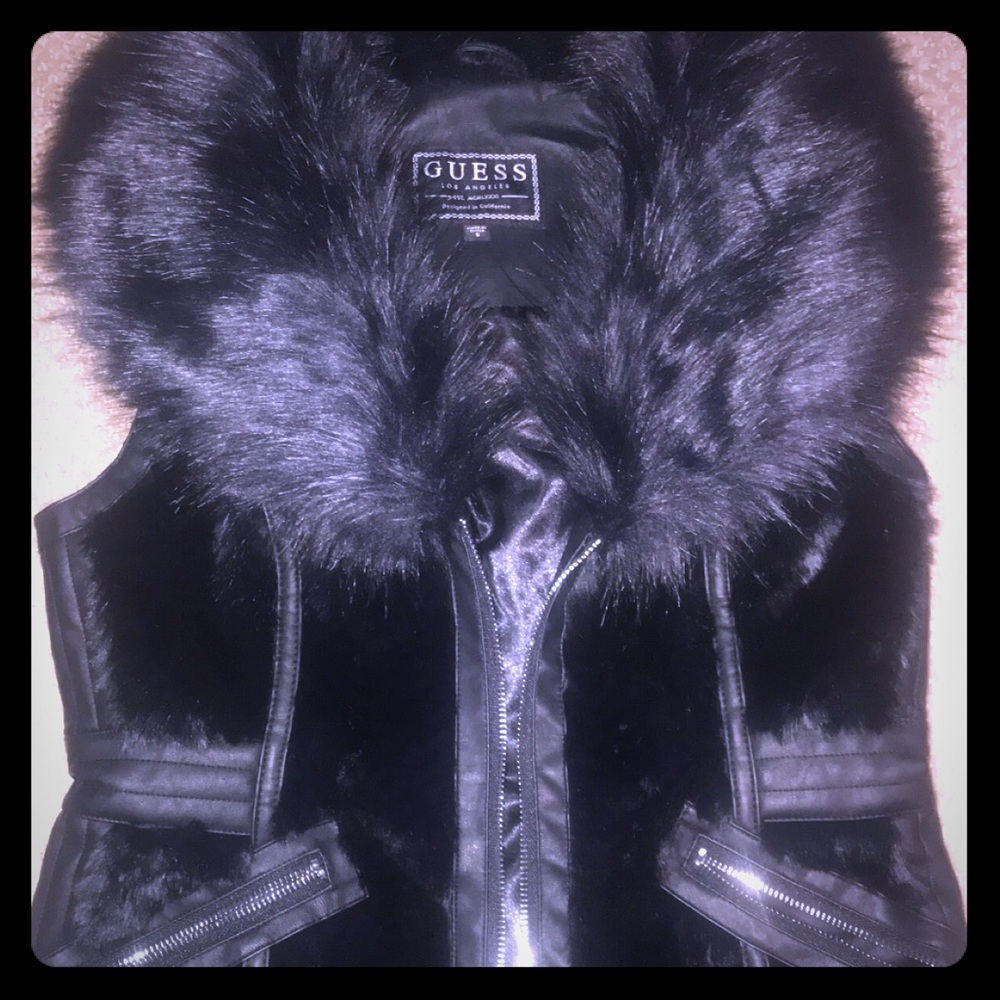 GUESS BNWT Black Faux Fur Silk Lined Vest